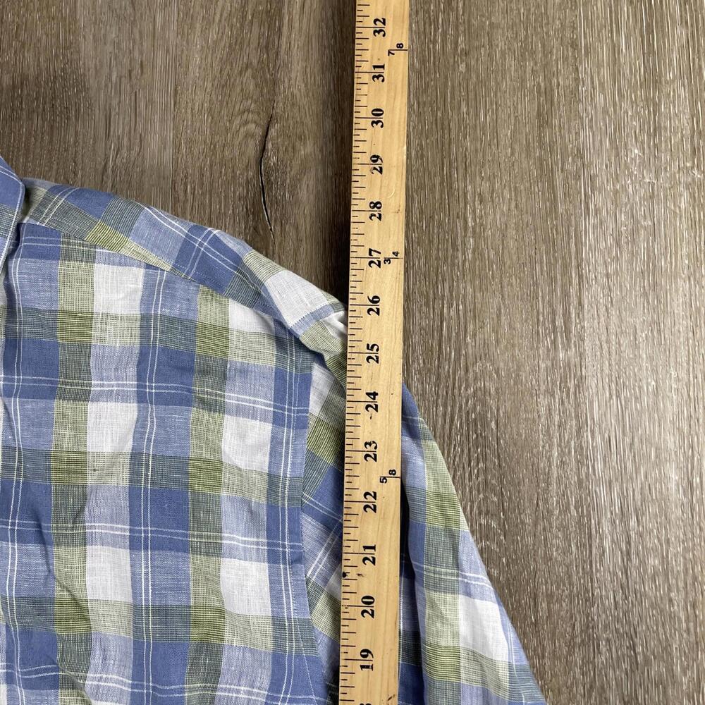 Toscano Aqua Men's Linen Gingham Plaid Button Up Shirt Blue Green Men's 2XL - Picture 8 of 10